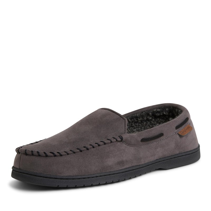 Dearfoams Men's Keaton Memory Foam Moccasin with Wide Widths Slipper, Pavement Microsuede, Small - Image 1